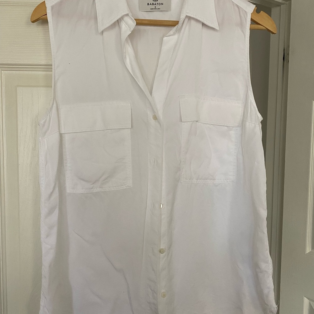 Babaton Classic White Button-Down Sleeveless Shirt